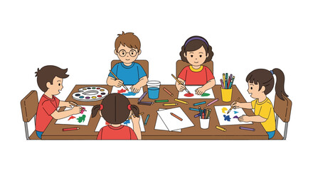 Adobe illustrator artwork vector illustration of diverse kids engaged in a creative art class, painting and drawing at a table. Perfect for education, childhood, and creative learning themes.