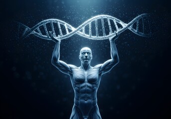 Muscular man holding dna helix represents strength of genetic code