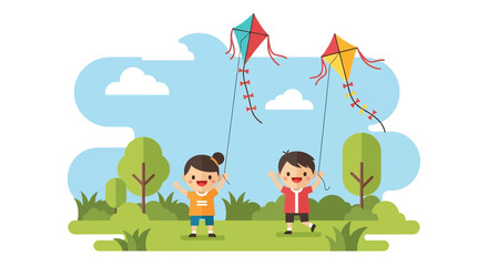 Adobe illustrator artwork vector illustration of two joyful kids, a boy and a girl, flying colorful kites in a green park under a blue sky with fluffy white clouds. Perfect for outdoor fun 
