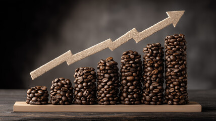 Soaring coffee bean bar graph highlighting surging commodity prices and global demand trends.
