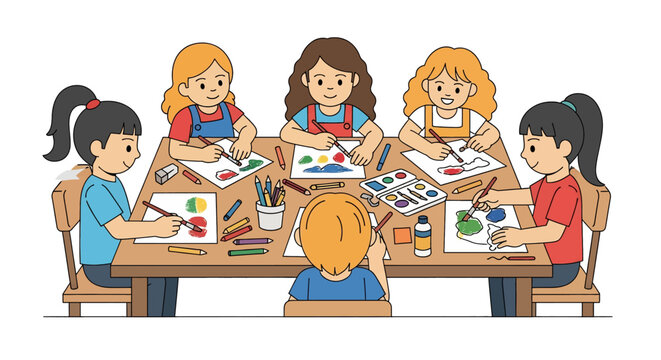 Adobe illustrator artwork vector illustration of diverse kids engaged in a creative art class, painting and drawing at a table. Perfect for education, childhood, and creative learning themes. - Powered by Adobe