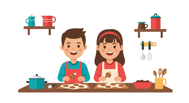 Adobe illustrator artwork vector illustration of two happy kids, a boy and a girl, baking cookies together in a modern kitchen. Ideal for themes of family, cooking, and childhood activities.