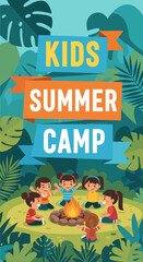 Adobe illustrator artwork vector illustration of kids gathered around a campfire at a summer camp, perfect for themes of friendship, nature, and outdoor adventures.