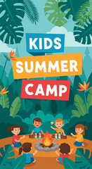 Adobe illustrator artwork vector illustration of kids gathered around a campfire at a summer camp, perfect for themes of friendship, nature, and outdoor adventures.