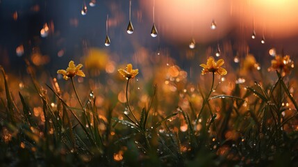 Close-up view of small yellow flowers and green grass, with bokeh & water drop effects