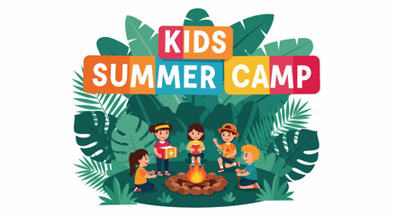 Adobe illustrator artwork vector illustration of kids gathered around a campfire at a summer camp, perfect for themes of friendship, nature, and outdoor adventures.