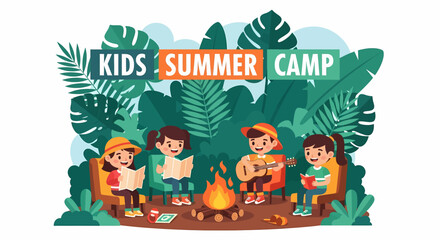 Adobe illustrator artwork vector illustration of kids gathered around a campfire at a summer camp, perfect for themes of friendship, nature, and outdoor adventures.