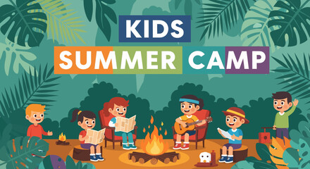 Adobe illustrator artwork vector illustration of kids gathered around a campfire at a summer camp, perfect for themes of friendship, nature, and outdoor adventures.