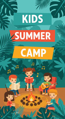 Adobe illustrator artwork vector illustration of kids gathered around a campfire at a summer camp, perfect for themes of friendship, nature, and outdoor adventures.