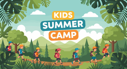 Naklejka premium Adobe illustrator artwork vector illustration of kids hiking through a forest at summer camp, showcasing outdoor adventure and teamwork in a natural setting.