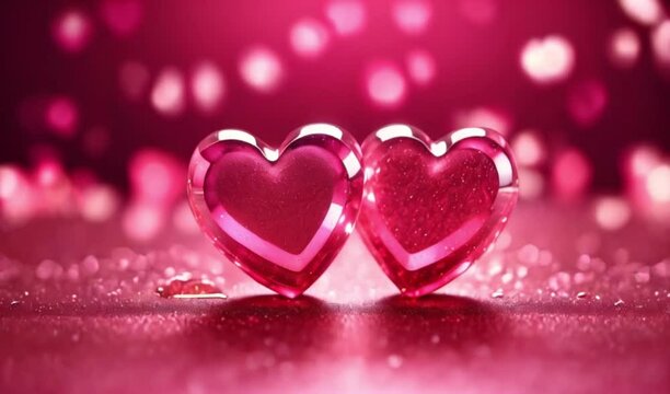 Valentine's Day. Two Hearts On Pink Glitter In Shiny Background, bokeh background glitching. Romantic background created with generative ai