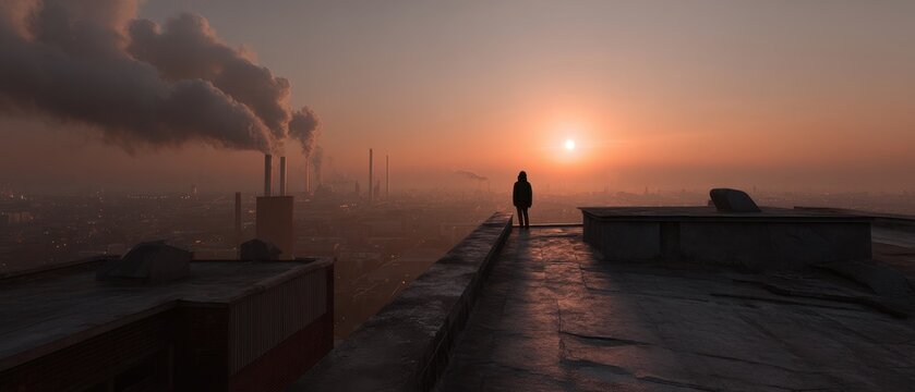 Solitary figure on rooftop overlooking abandoned industrial cityscape at sunset