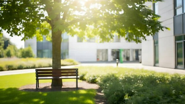 Blurred Summer Park Scene with Tree and Bench Abstract Background