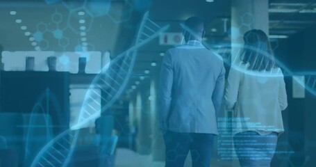 Colleagues emerging from lounge walking through lobby with animated DNA helix showing biotech data - Powered by Adobe