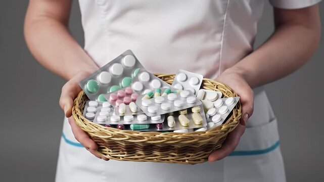 Healthcare Professional Holds Basket Full of Blister Packs of Medication Against Gray Background Wearing White Uniform