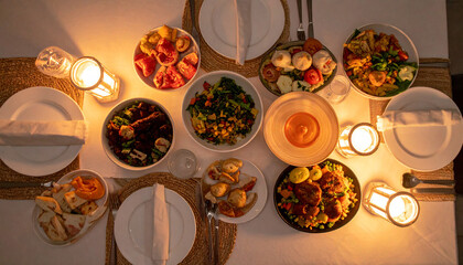 Overhead view of a beautifully arranged dinner table with various dishes and lit candles.