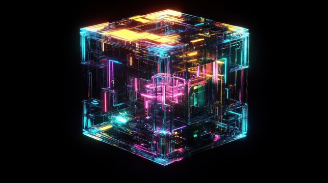 Luminous cube of neon geometry floats against a void of black