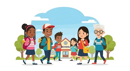 Flat cartoon students walking with backpacks on their way to school.