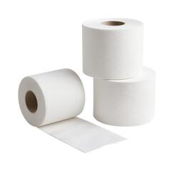 Three White Toilet Paper Rolls With One Unrolled, Soft Bathroom Tissue for Hygiene and Cleaning, Isolated on Transparent and White Background