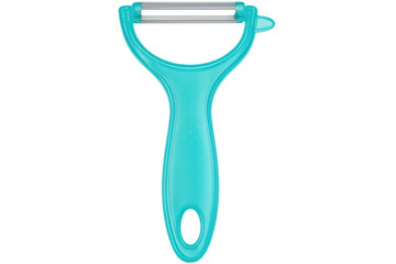 Turquoise kitchen peeler resting against neutral transparent backdrop, displaying clean design