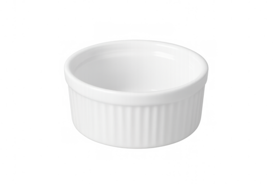 Pristine white porcelain ramekin, vacant and waiting, positioned against transparent backdrop