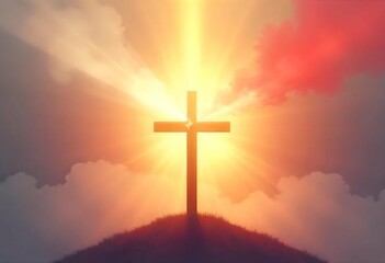 Symbolic digital illustration of the Holy Trinity represented abstractly through light, dove, and cross elements