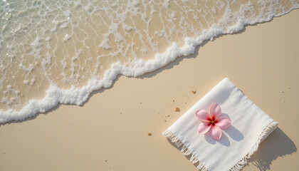 Naklejka premium Tropical beach with soft ocean wave washing white sand and pink plumeria flower on towel, summer travel vacation background for relaxation, exotic coastal escape and peaceful holiday vibe 