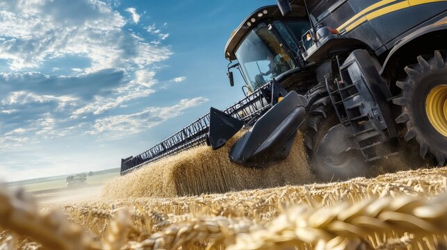 A large combine harvester working in a golden wheat field