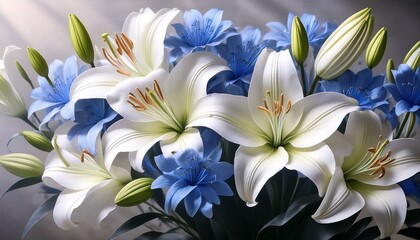 Fototapeta premium graceful blooming animation of fresh white and blue lilies swaying gently in natural indoor light highlighting purity botanical beauty and elegance of floral arrangement