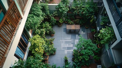 Serene Apartment Balcony Oasis: Top View of Lush Garden with Potted Herbs and Greenery