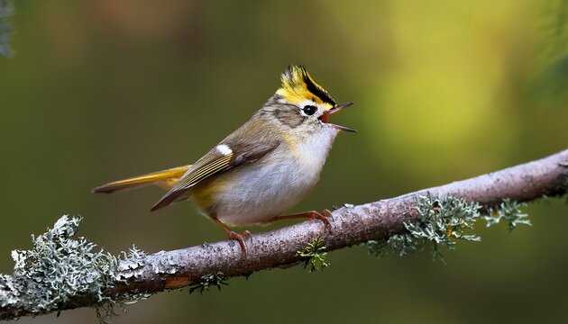 firecrest regulus ignicapilla small forest bird with the yellow crest singing in the branch beautiful simple ai generated image