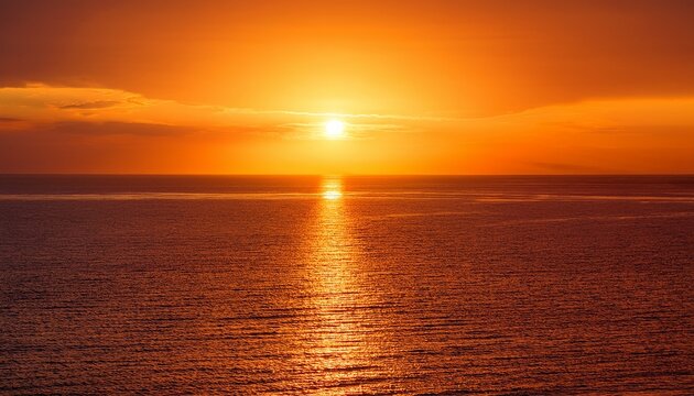 glowing sun rising over a calm sea in warm amber and burnt orange tones