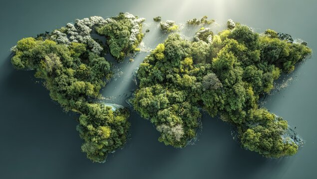 Lush green foliage forming a world map, sunlight highlights the scene - Powered by Adobe