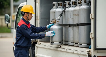 Industrial worker with a gas pump in a factory wearing a helmet for safety while working on machine maintenance