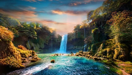 a surreal fantasy landscape with a captivating waterfall