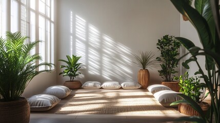 Serene Yoga Retreat: Tranquil Space adorned with Plants and Plush Cushions for Relaxation and Meditation