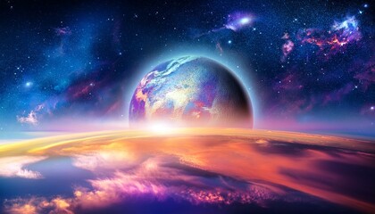mysterious planet in a cosmic background with soft clouds and vibrant colors