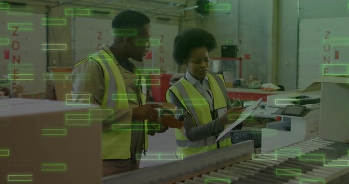 Warehouse lead pointing packing list triggers operator scanning box for sorting with data overlays