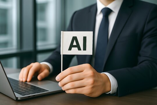 businessman holding ai flag artificial intelligence innovation digital technology smart solutions office setting future tech business growth laptop concept modern workplace data development banner