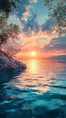 Ocean View at Sunset with Tree Lined Coastline and Reflective Water