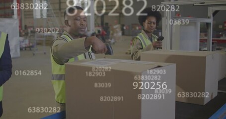 Warehouse team pulling scanner triggers generating floating barcode numbers for logistics tracking - Powered by Adobe