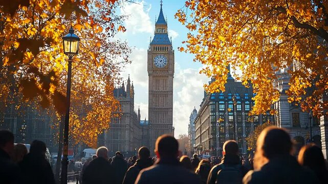 Big Ben's Autumnal Majesty: London Landmark with Crowds