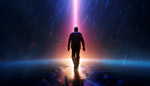 Silhouette of a Man Walking Through Heavy Rain Toward Bright Light &ndash; Conceptual Digital Art