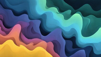 Abstract artwork featuring vibrant, wavy, layered forms in a spectrum of cool and warm colors, creating a dynamic and flowing visual texture