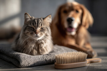cozy living room scene featuring cat and dog showcasing their interactions during grooming routines