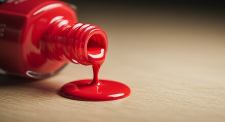 A red bottle of paint showing a nail polish bottle tipped slightly with product oozing onto a surface