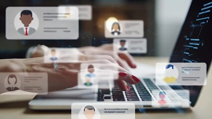 Person Typing on Laptop with Profile Icons Floating with Illuminated Background and Close Up Focused Shot in an Office with Networking Concepts - Powered by Adobe