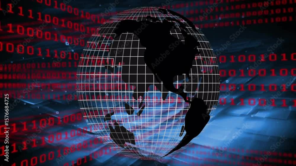 Poster opening showing wireframe globe rotating as red binary cascading and wave pulsing showing data flow