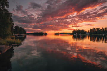 Obraz premium stunning sunsets over serene lakes in northern countries tranquil beauty and vibrant colors