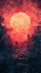 Cityscape at Dusk with Glowing Sun Artistic Illustration